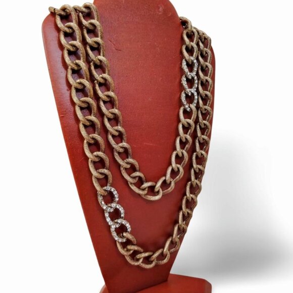 Crystal Accented Antique Gold Tone Chunky Heavy Curb Link Chain Necklace  JW1546 - Picture 5 of 5